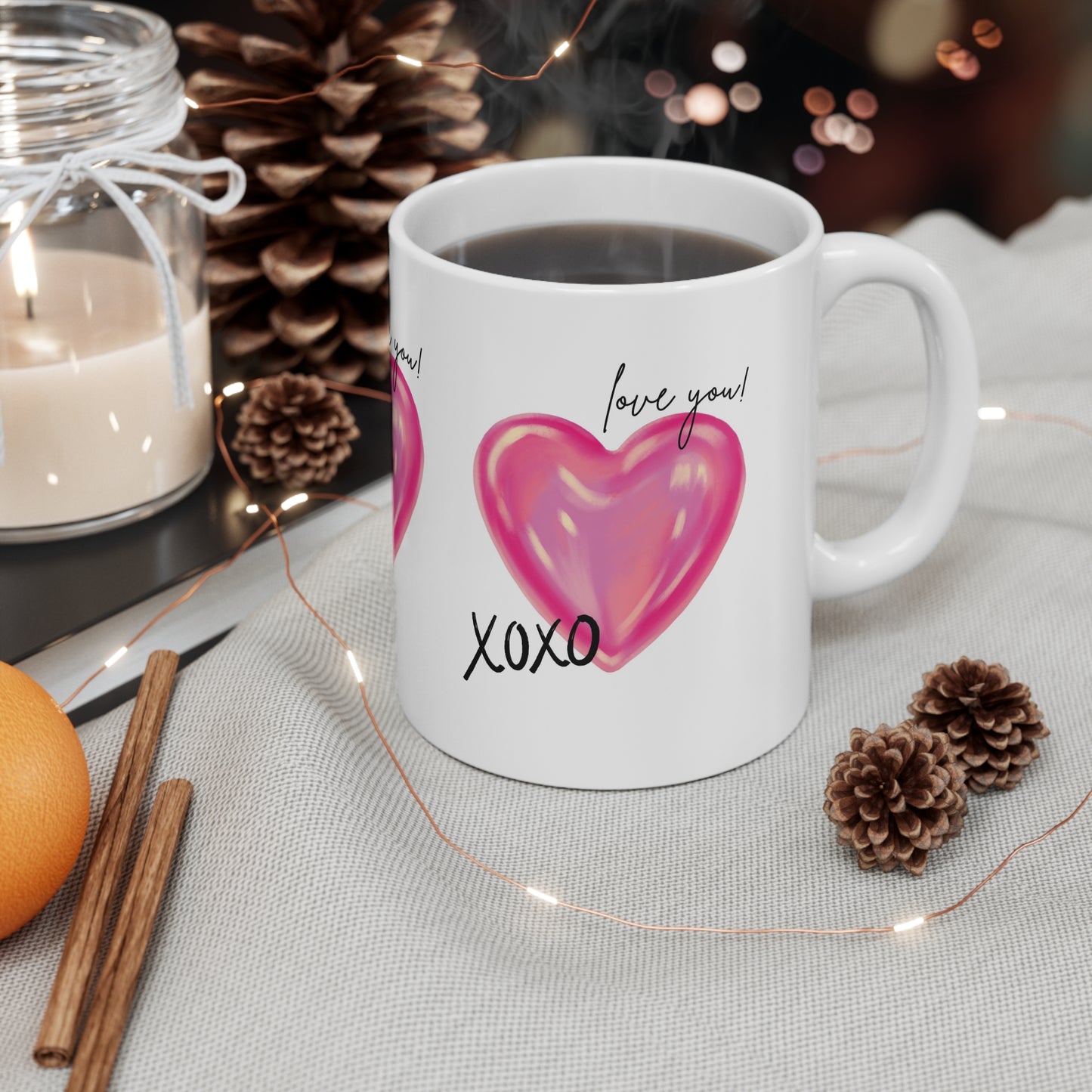Love You! Heart Design Ceramic Coffee Cups - 11oz & 15oz